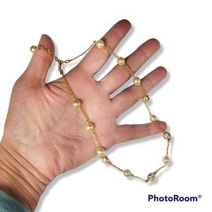 Nolan Miller Vintage Gold Rhinestone & Faux Pearl Tinsel Town Necklace Signed